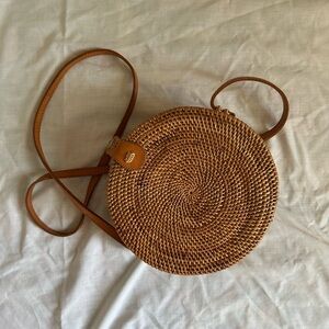 Round Woven Rattan Leather Tan Crossbody Bag Bohemian Indie Afrohemian